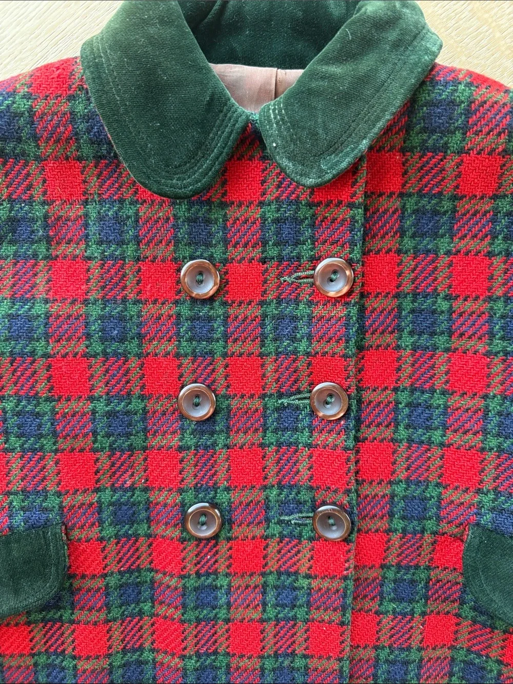 Vintage Kids Red & Green Plaid Double-Breasted Coat wool 4-5y ❤️💚🖤👀